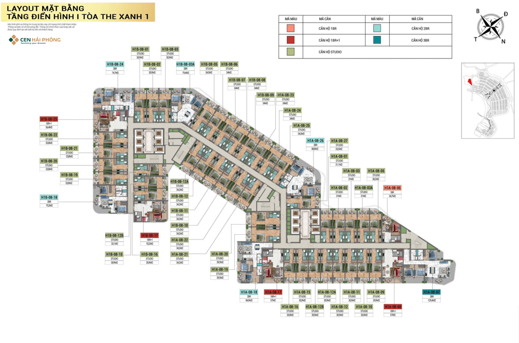 Tổng quan mặt bằng tòa The Xanh 1 dự án Sun Cát Bà Layout mặt bằng tầng điển hình tòa The Xanh 1 tại Sun Cát Bà