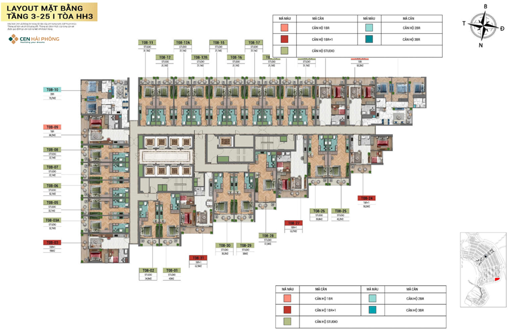 Mặt bằng điển hình tầng 3-25 tòa The Xanh 2 tại Sun Cát Bà Layout mặt bằng điển hình tầng 3-25 Tòa HH3 tại Xanh Island Sun Cát Bà