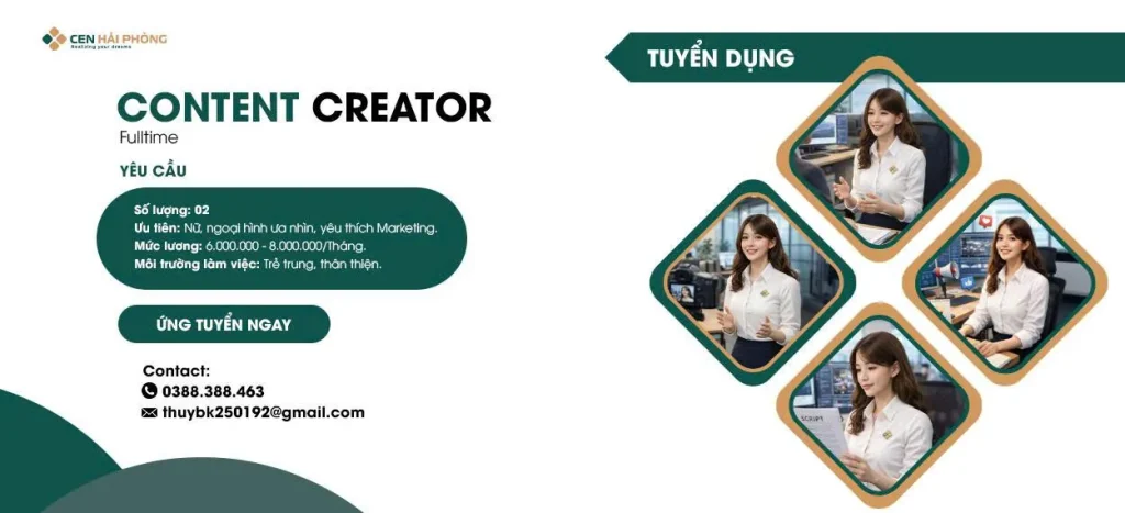 Tuyển dụng nhân viên Content Creator tại Cen Hải Phòng Cen Hải Phòng tuyển dụng nhân viên Content Creator