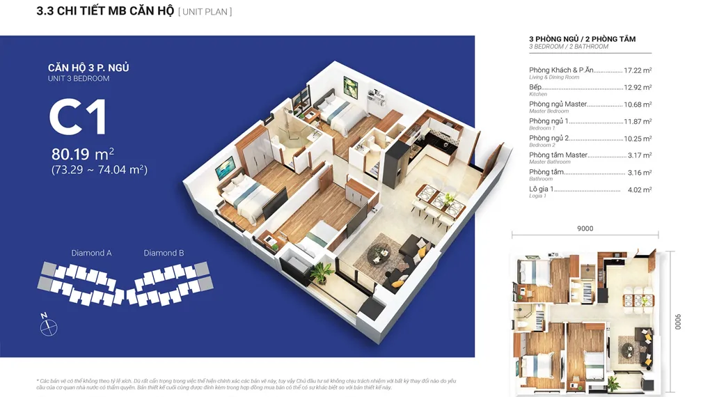 Layout thiết kế căn hộ 3 phòng ngủ 80m2, loại C1, tòa Diamond A dự án Gem Park Hải Phòng. Layout thiết kế căn hộ 3 phòng ngủ 80m2, loại C1, tòa Diamond A dự án Gem Park Hải Phòng.
