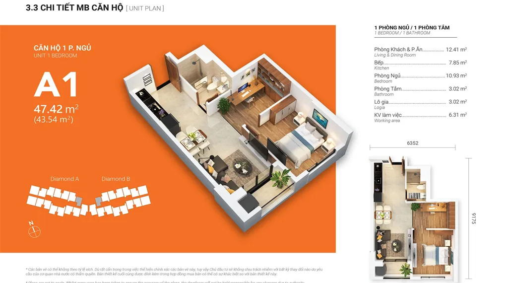 Layout thiết kế căn hộ 1 phòng ngủ 47m2, loại A1, tòa Diamond A dự án cung cư Gem Park Hải Phòng. Layout thiết kế căn hộ 1 phòng ngủ 47m2, loại A1, tòa Diamond A dự án Gem Park Hải Phòng.