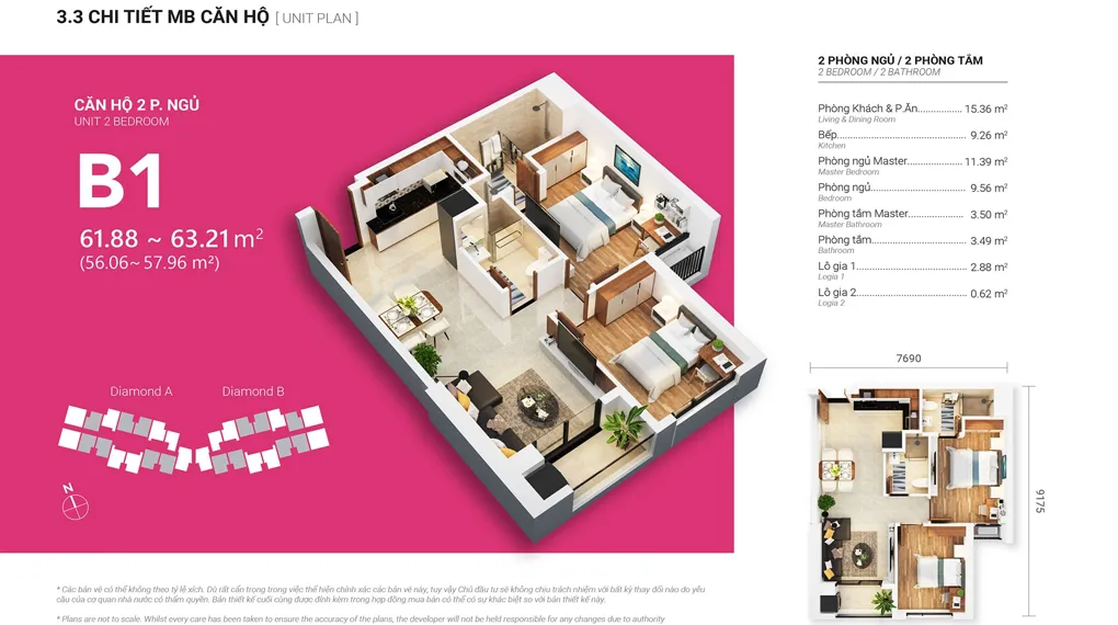 Layout thiết kế căn hộ 2 phòng ngủ 61m2 - 63m2, loại B1, tòa Diamond A dự án chung cư Gem Park Hải Phòng. Layout thiết kế căn hộ 2 phòng ngủ 61m2 - 63m2, loại B1, tòa Diamond A dự án Gem Park Hải Phòng.